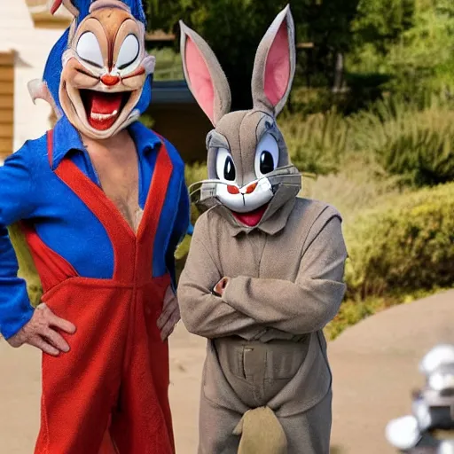 Image similar to Danny Trejo as Bugs Bunny from Looney Tunes, live action movie, set photo in costume, cosplay, photograph