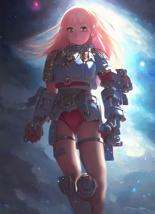 Image similar to semi realistic anime illustration of space marine girl made by stanley artgerm, wlop, rossdraws, james jean andrei riabovitchev, marc simonetti, yoshitaka amano, artstation