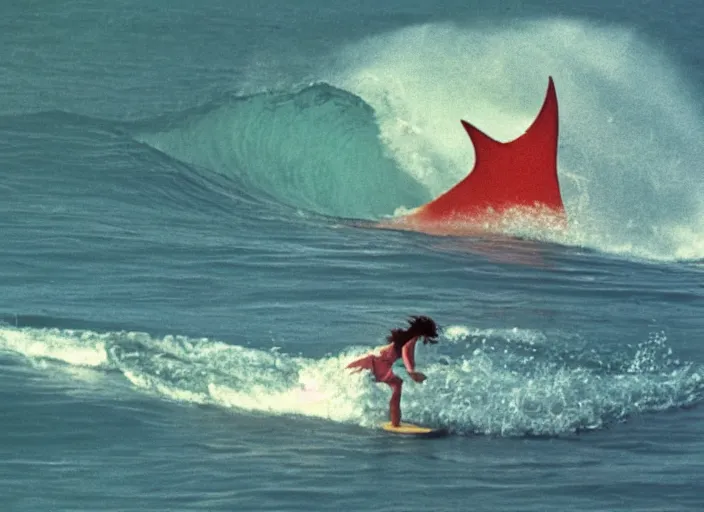 Prompt: color photo of a shark fin in the water. surfergirl riding a big wave in the 8 0's