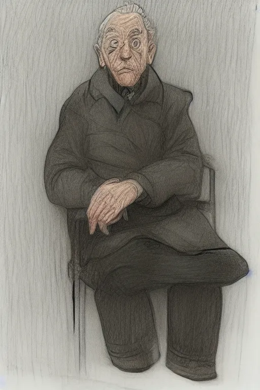 Image similar to an older man sitting alone drawn by raymond briggs, very coherent and colorful high contrast, pencil drawing, sad lighting, somber mood