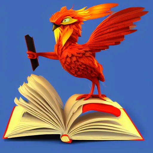 Prompt: a cute flaming mythical firebird reading a book in a library #epic-3D-digital-artwork-render