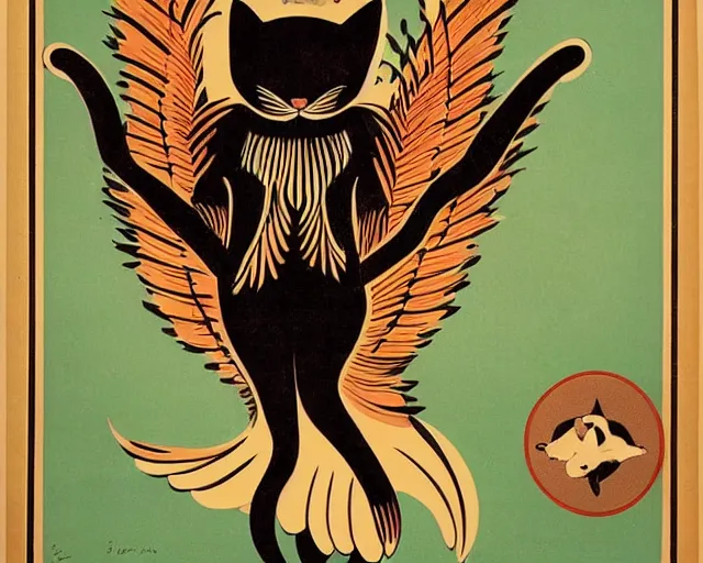 Image similar to vintage art deco animal poster depicting a cat with wings and talons