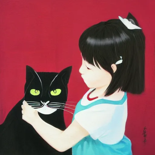 Prompt: Two girls attempt to hold an angry cat, painting by Yoshitomo Nara