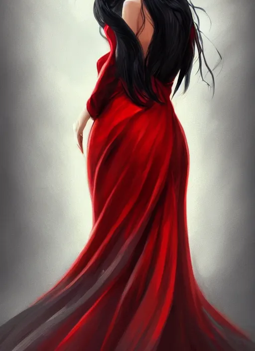 Prompt: a highly detailed illustration beautiful long black haired woman wearing red dress, elegant smiling pose, perfect face, perfect body, intricate, elegant, highly detailed, centered, digital painting, artstation, concept art, smooth, sharp focus, league of legends concept art, wlop