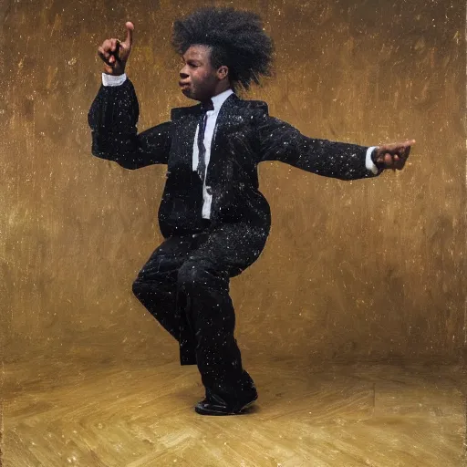 Image similar to black man with curly hair dancing inside a equipped photography studio by himself, intricate details, happy, impressionist painting, figurative painting