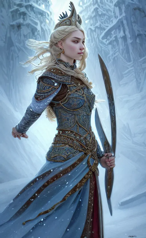 Image similar to opal viking warrior, regal, elegant, winter, snow, beautiful, stunning, hd, illustration, epic, d & d, fantasy, intricate, elegant, highly detailed, wide angle, digital painting, artstation, concept art, smooth, sharp focus, illustration, wallpaper, art by artgerm and greg rutkowski and alphonse mucha and jin xiaodi