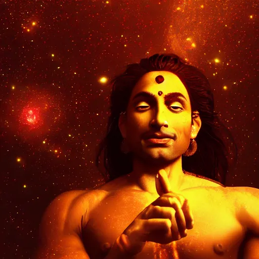 Prompt: Dreamt in 47.55s for !dream Epic wide angle portrait of Shiva generating the universe with his dance, digital painting, octane render