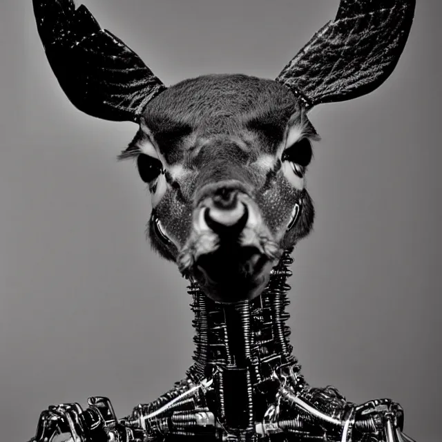 Prompt: Cybernetic robot deer. A close-up studio portrait by Robert Mapplethorpe. Tri-x