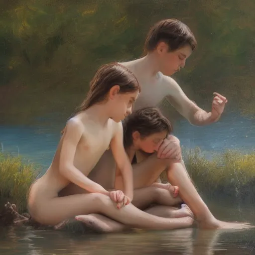 Prompt: in the style of William Whitaker and Goyo Dominguez, a boy and a girl stay in the lake,very high details, facial details, Realism painting, 4K ,