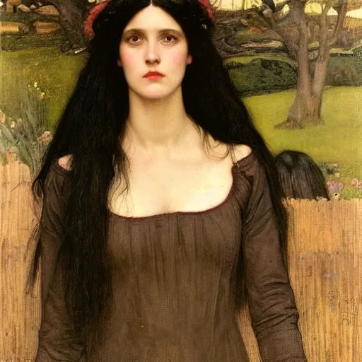 Image similar to A striking Pre-Raphaelite witch with intense eyes and jet black hair, by John Collier, by John William Waterhouse, John Everett Millais