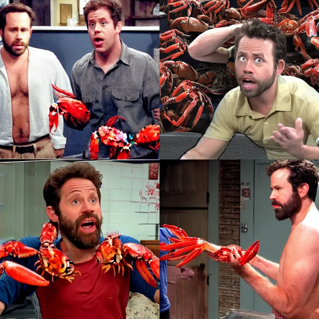 Prompt: Charlie from the show Its Always Sunny in Philadelphia fighting an army of red crabs