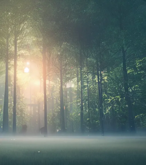 Image similar to symmetric daydreaming of the sun glare, fluidity dance of the blockchain sheets in the air, cyberpunk forest, majestic light, octane render, beauty fog, ethereal glare of the sun, raining rainbow, volumetric lighting, hyperealistic, epic, masterpiece