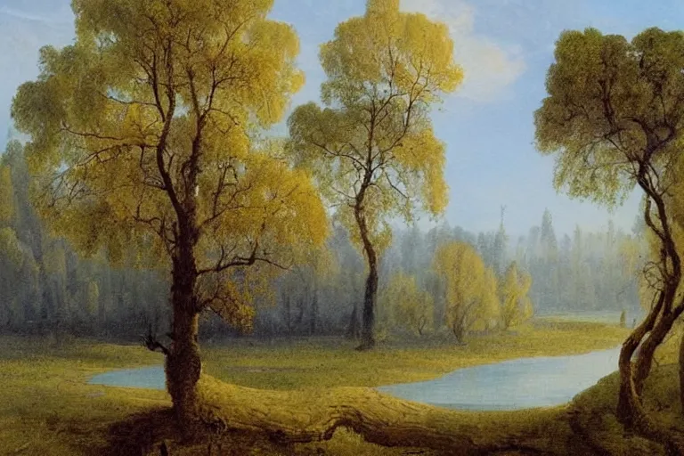 Prompt: painting of a old tree next to a meandering river by alexei savrasov