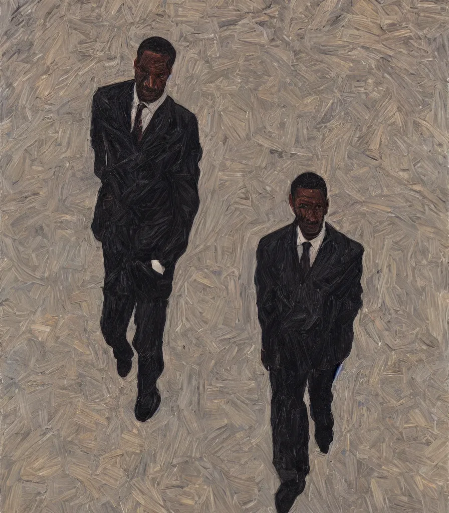 Image similar to portrait of a black man in the style of lucian freud walking towards us. camera perspective from below. hyperrealistic. discomfort