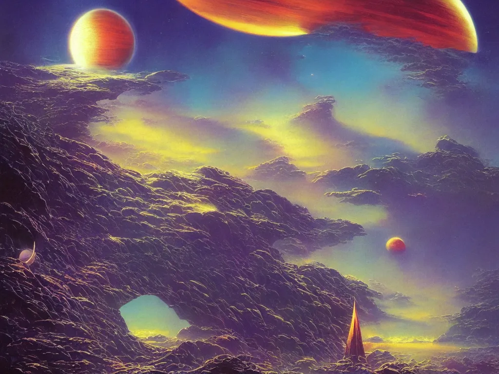 Image similar to a strange planet, by bruce pennington, by sam freio, by thomas rome, by victor mosquera, juxtapoz, behance, prismatic, iridescent