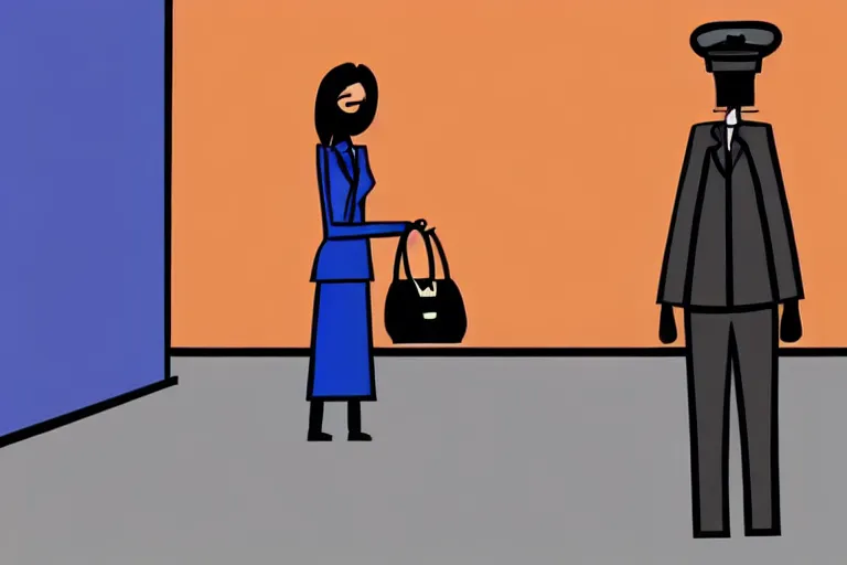 Image similar to tall, security guard checks the bags of a worried looking woman, art, satire