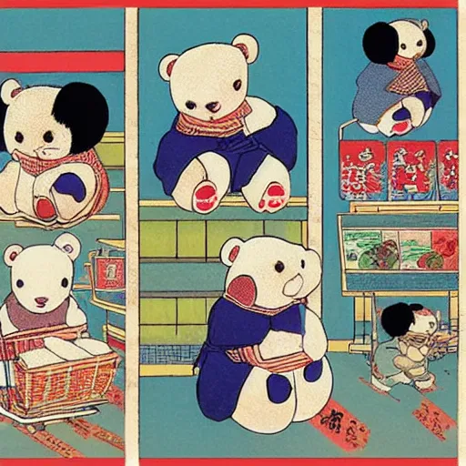 Image similar to Teddy bears shopping for groceries in the style of ukiyo-e
