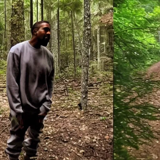 Image similar to trailcam footage of kanye west crying and screaming in the forest