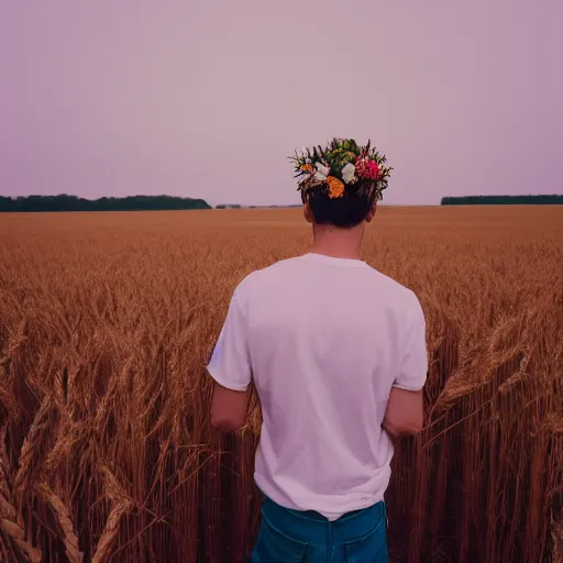 Image similar to kodak portra 4 0 0 photograph of a skinny blonde guy standing in field of wheat, back view, flower crown, moody lighting, telephoto, 9 0 s vibe, blurry background, vaporwave colors, faded!,