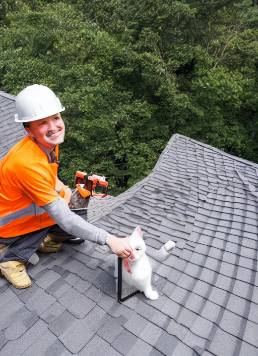 Prompt: Cat in a high-viz vest and hard hat, installing a wireless dish antenna on the roof of a house. f/22, 35mm, 2700K, lighting, perfect faces, award winning photography.