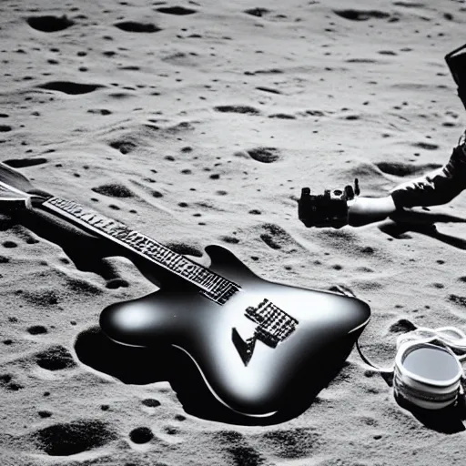 Image similar to a photo of a detailed, realistic, regular sized, sitting idle electric guitar next to an idle beer can next to an astronaut sitting on the moon surface. detailed photo. realistic photo