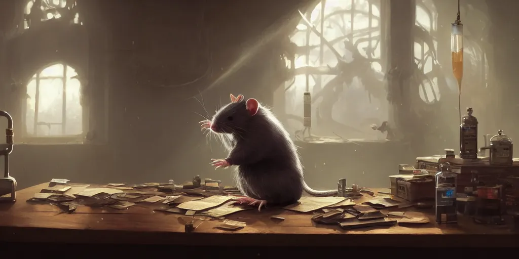 Image similar to rat sitting on a desk in a laboratory with lots of flasks filled with magic liquids and poisonous fog, stephen bliss, unreal engine, fantasy art by greg rutkowski, loish, rhads, ferdinand knab, ilya kuvshinov, rossdraws, tom bagshaw, global illumination, radiant soft light, detailed and intricate environment