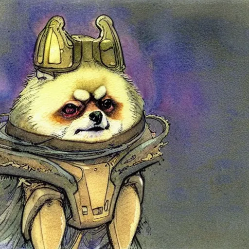 Prompt: a simple and atmospheric watercolour fantasy character concept art portrait of a mechanized android pomeranian as a druidic warrior wizard looking at the camera with an intelligent gaze, very muted colors, by rebecca guay, michael kaluta, charles vess and jean moebius giraud