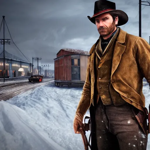 Image similar to arthur from rdr 2 in russia reality nowadays at tolyatti sportivnaia street, cars, snow, buildings photorealism