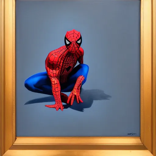 Image similar to spiderman, kneeling, praying, head lowered, portrait, oil, painting