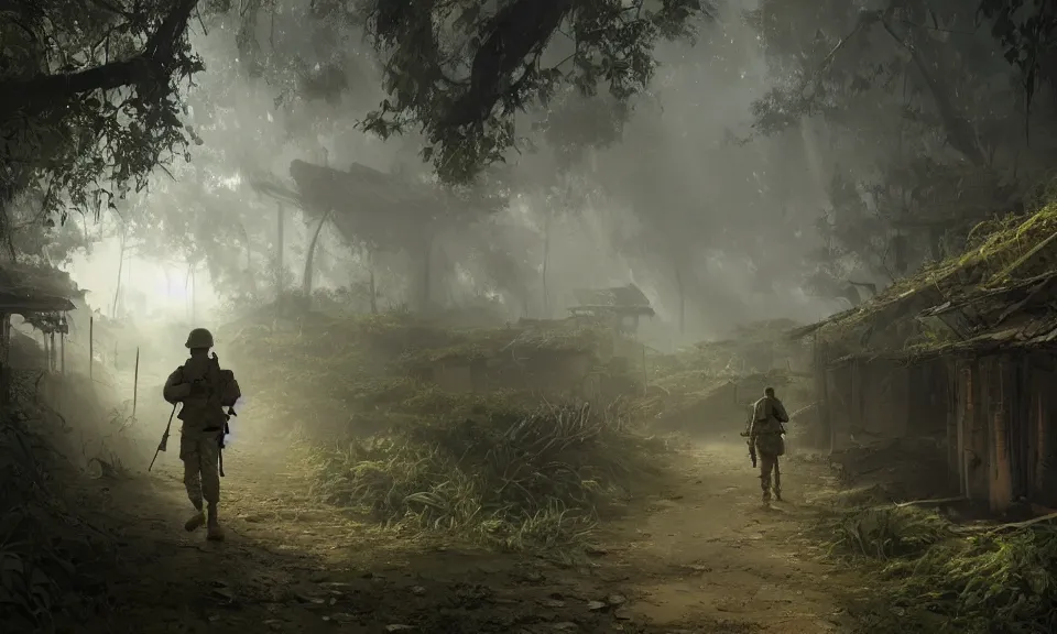 Image similar to Futuristic matte painting of a US soldier in the Vietnam War walking through an abandoned Vietcong village, volumetric light scattering, highly detailed, digital art, Andreas Rocha, Greg Rutkowski, Darek Zabrocki, ArtStation, CGSociety, Unreal Engine, 4K, 8K