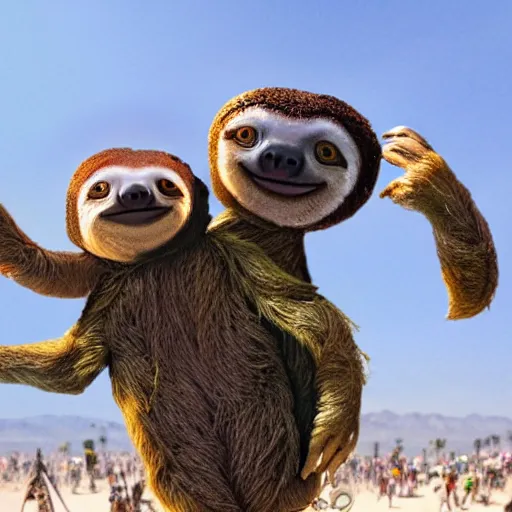 Prompt: sloths dancing at an outdoor rave, Burning Man concert