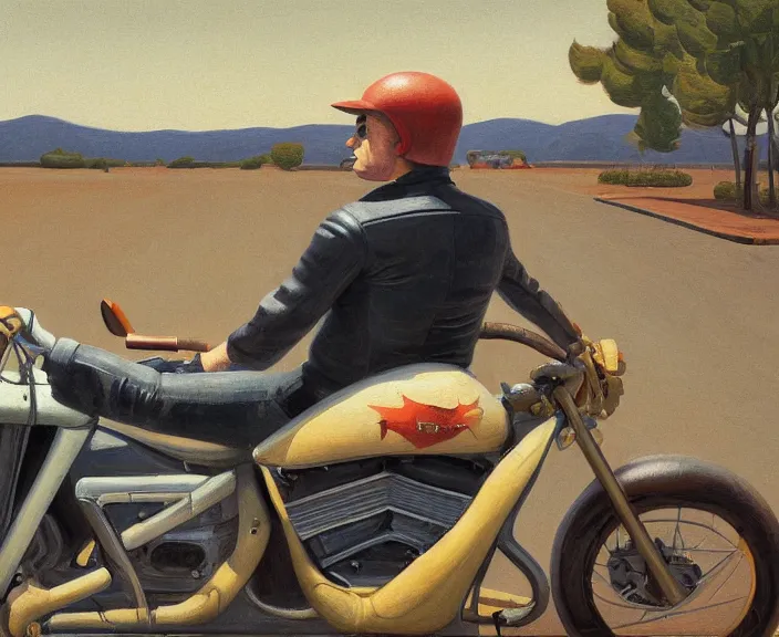 Image similar to a very detailed painting of a man wearing a leather jacket, riding a motorbike, harley davidson motorbike, worm's - eye view, very fine brush strokes, in the style of edward hopper and grant wood and syd mead, 4 k,