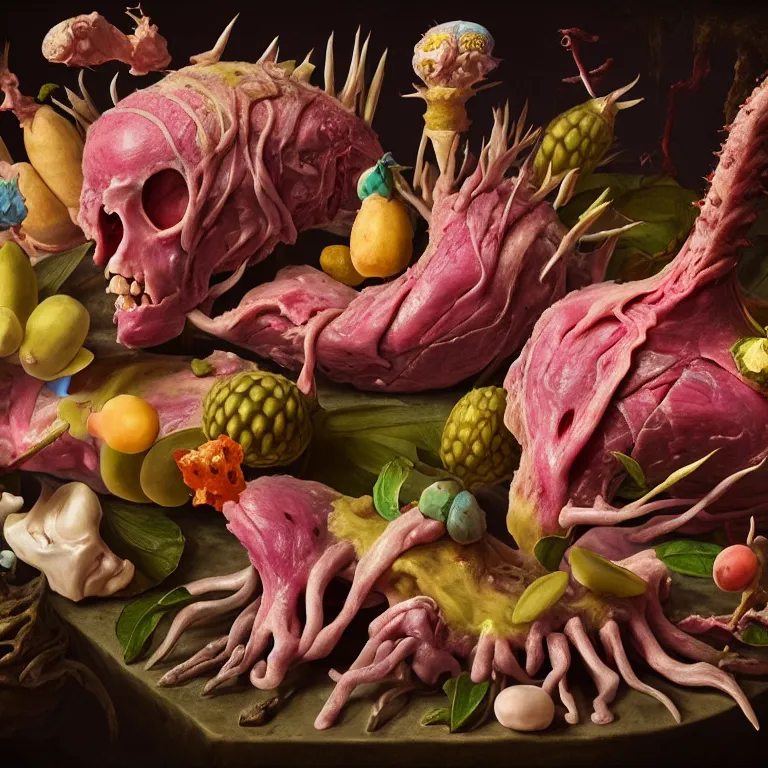 Image similar to still life of beautiful pastel tropical alien flowers, tropical fruit, human spine, rotten meat flesh with colorful mold, muscle tissue, spikes, baroque painting, beautiful detailed intricate insanely detailed octane render, 8K artistic photography, photorealistic, chiaroscuro, Raphael, Caravaggio