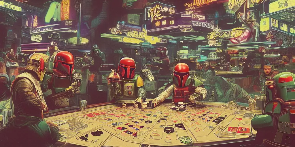 Prompt: film still of boba fett gambling in vegas, intricate album cover art for midnight neon lfo pop by akihiko yoshida