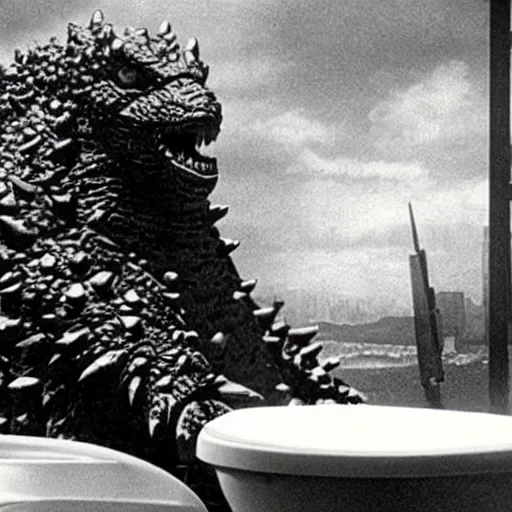 Image similar to candid photo of godzilla sitting on a gigantic toilet