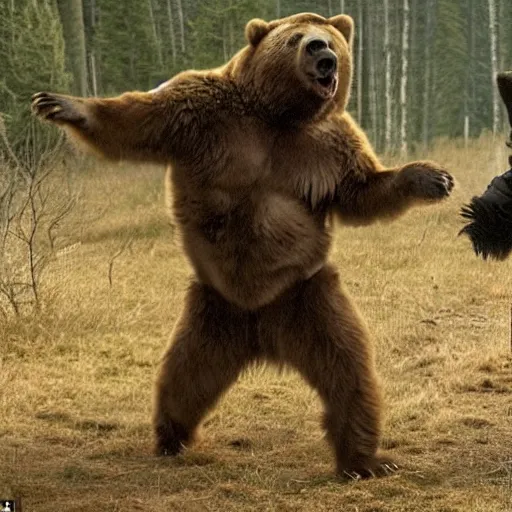 Image similar to leornado dicaprio shrugs and laughs at a bear in a scene from the revenant, beautiful cinematic photography