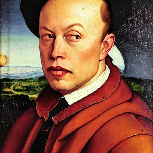 Image similar to portrait of elon musk, oil painting by jan van eyck, northern renaissance art, oil on canvas, wet - on - wet technique, realistic, expressive emotions, intricate textures, illusionistic detail