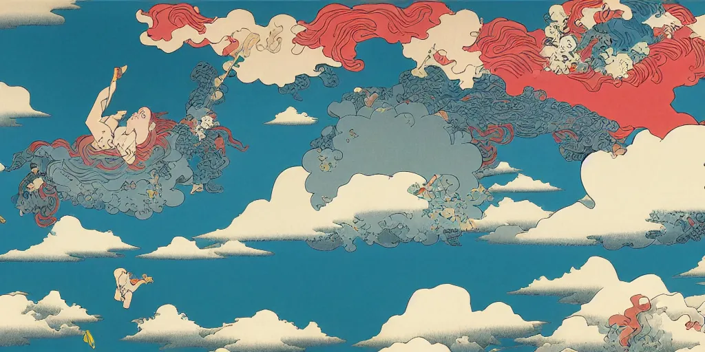 Image similar to rainbows, unicorns, and clouds isolated in the sky by Frank Miller and Hokusai, 8k, vector