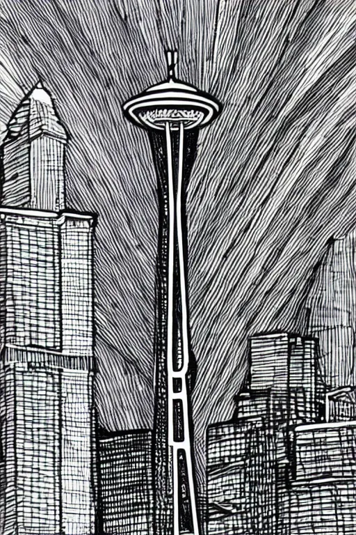 Prompt: space needle in detailed pen and ink drawing style