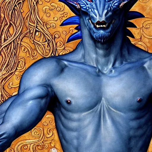 Image similar to closeup of a medieval fantasy male blue dragon with electrcity magic, fantasy, d & d, high details, art by ( ( ( kuvshinov ilya ) ) ) and wayne barlowe and gustav klimt and artgerm and wlop and william - adolphe bouguereau