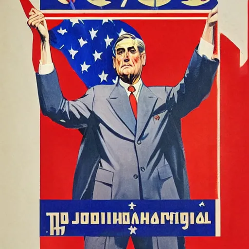 Image similar to propaganda poster of robert mueller standing in front of soviet flag by j. c. leyendecker, bosch, lisa frank, jon mcnaughton, and beksinski
