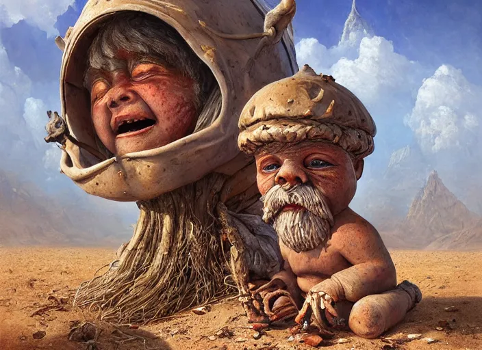 Image similar to a highly detailed forgotten garden gnome surviving in a vast barren desert, hopeless wasteland background with a relentless raging sun overhead, hot, oppressive, an ultrafine detailed painting by by karol bak and filip hodas, trending on deviantart, pop surrealism, whimsical, lowbrow, perfect symmetrical face, sharp focus, masterpiece