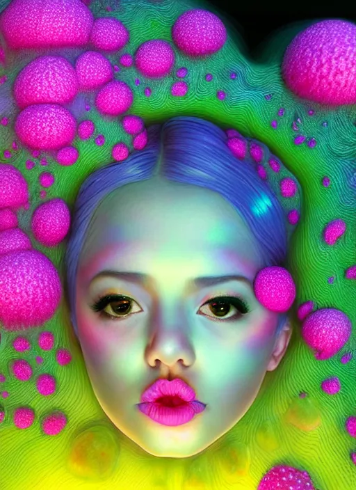 Image similar to hyper detailed 3d render like a Oil painting - kawaii Aurora (Singer) seen Eating of the Strangling network of colorful yellowcake and aerochrome and milky Fruit and Her delicate Hands hold of gossamer polyp blossoms bring iridescent fungal flowers whose spores black the foolish stars by Jacek Yerka, Mariusz Lewandowski, Houdini algorithmic generative render, Abstract brush strokes, Masterpiece, Edward Hopper and James Gilleard, Zdzislaw Beksinski, Mark Ryden, Wolfgang Lettl, Dan Hiller, hints of Yayoi Kasuma, octane render, 8k