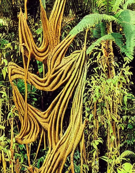 Image similar to vintage color photo of a 1 1 0 million years old abstract liquid gold sculpture covered by the jungle vines