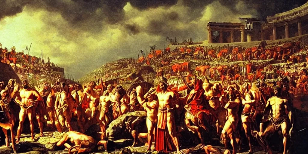 Image similar to Hannibal with his legions in front of Rome, epic lighting, amazing details, beautiful view, oil painting