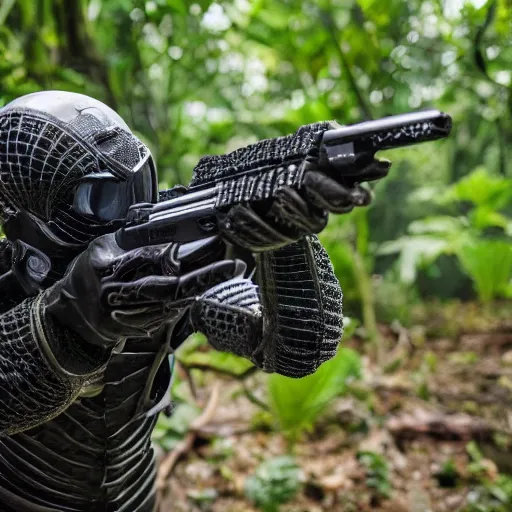 Image similar to close up Crysis Nanosuit shooting at enemies in a devastated burning exploding jungle combat photography 2022, Canon EOS R3, f/1.4, ISO 200, 1/160s, 8K, RAW, unedited, in-frame,