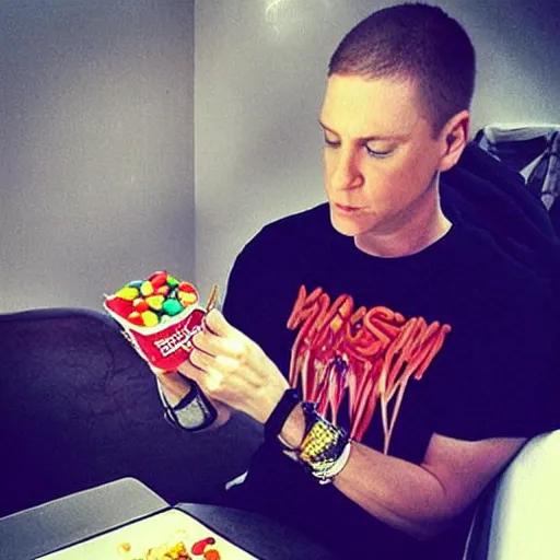 Prompt: “ eminem eating m & ms and mom ’ s spaghetti ”