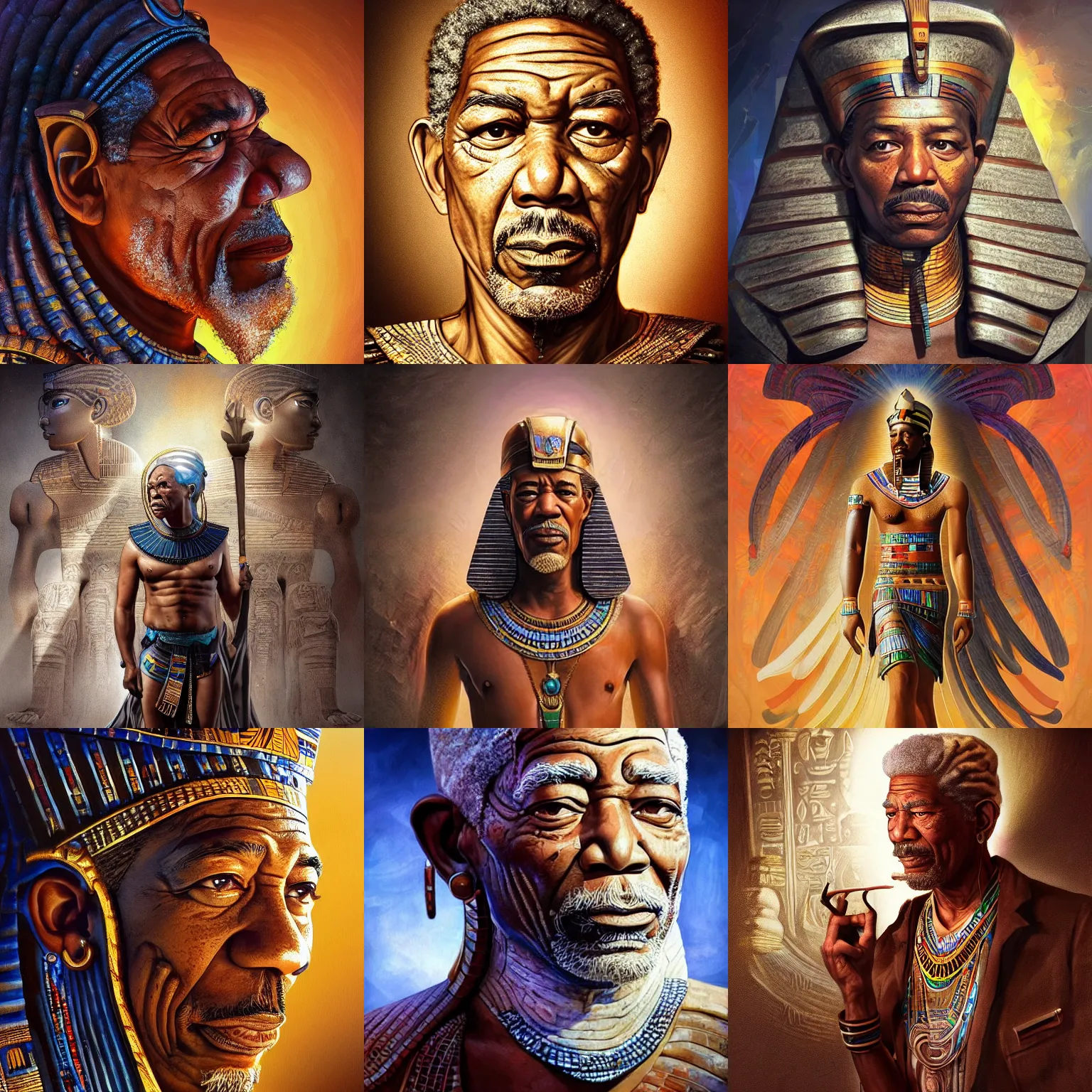 Prompt: Very very very very highly detailed epic photo of an ancient Egyptian Morgan freeman in looney toons world, intricate, dystopian, sci-fi, extremely detailed, digital painting, artstation, concept art, smooth, sharp focus, illustration, intimidating lighting, incredible art by Artgerm and Vincent di Fate