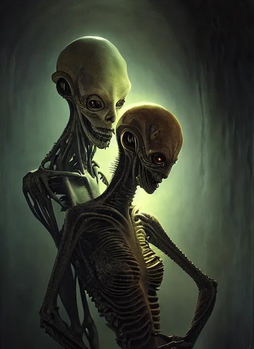 Image similar to ultra realist horror painting of a dimly lit attractive alien female and hellish creature together, very intricate details, focus, curvy, full frame image, artstyle hiraku tanaka and craig mullins, award winning