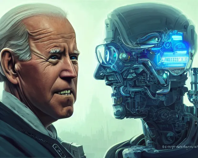 Prompt: oldman joe biden with cyberpunk implants, deep focus, d & d, fantasy, intricate, elegant, highly detailed, digital painting, artstation, concept art, matte, sharp focus, illustration, hearthstone, art by artgerm and greg rutkowski and alphonse mucha